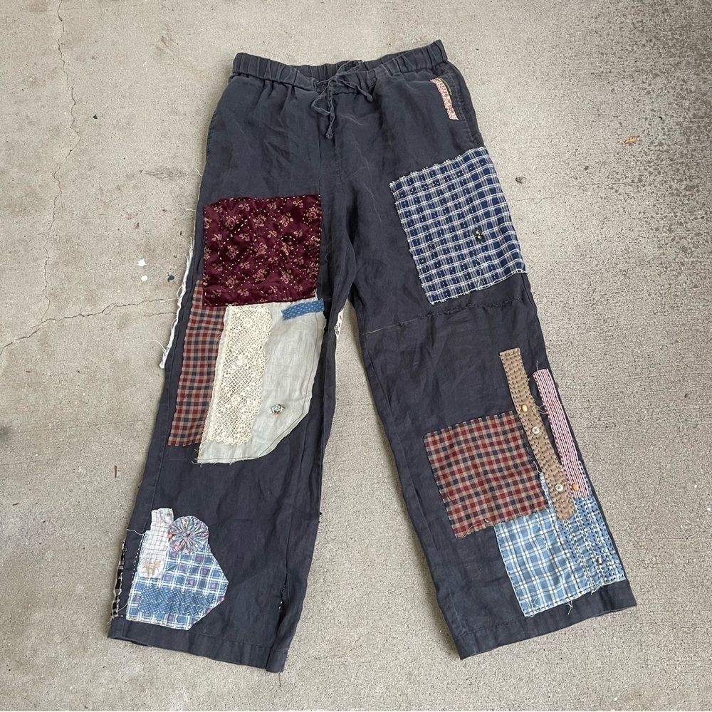 Upcycled MUJI hand stitched patchwork 100% Linen drawstring pants size Medium - Picture 2 of 10